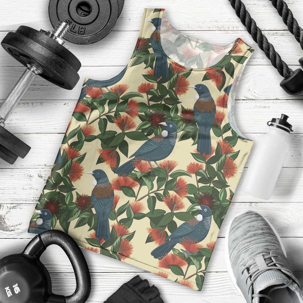 New Zealand Christmas Men Tank Top Romantic Tui Birds on Pohutukawa - Ivory LT7 - Polynesian Pride