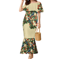 New Zealand Christmas Mermaid Dress Romantic Tui Birds on Pohutukawa - Ivory LT7 Women Ivory - Polynesian Pride