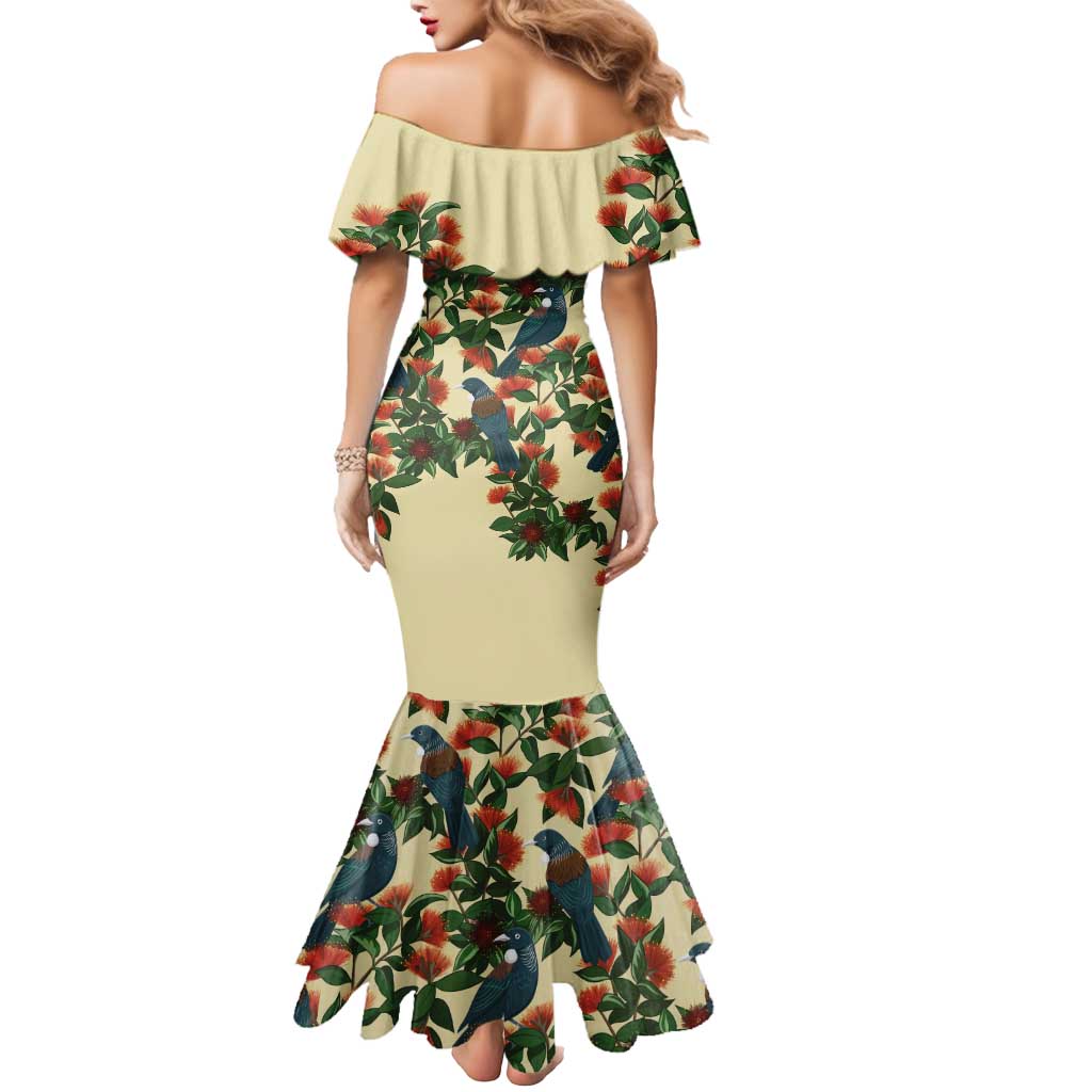 New Zealand Christmas Mermaid Dress Romantic Tui Birds on Pohutukawa - Ivory LT7 - Polynesian Pride