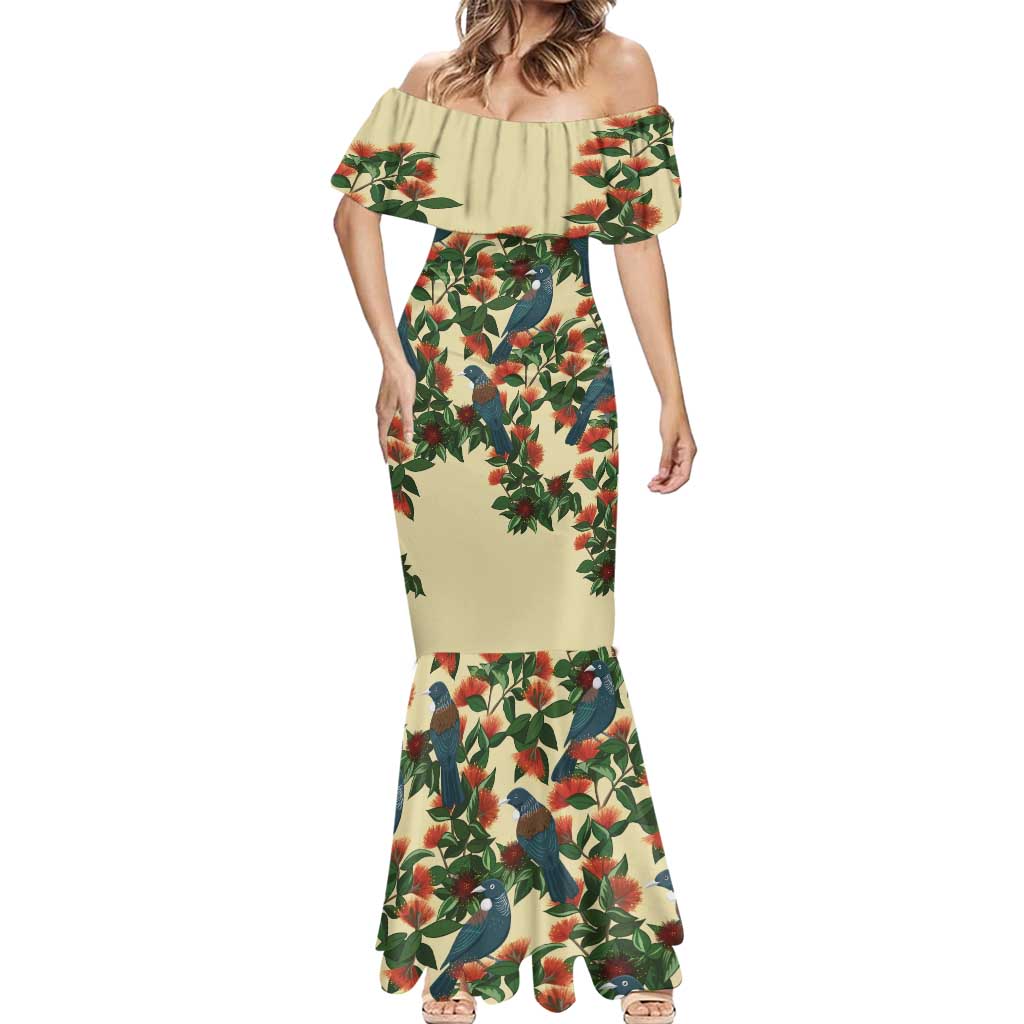 New Zealand Christmas Mermaid Dress Romantic Tui Birds on Pohutukawa - Ivory LT7 - Polynesian Pride