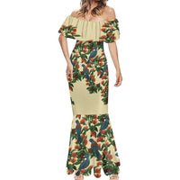New Zealand Christmas Mermaid Dress Romantic Tui Birds on Pohutukawa - Ivory LT7 - Polynesian Pride
