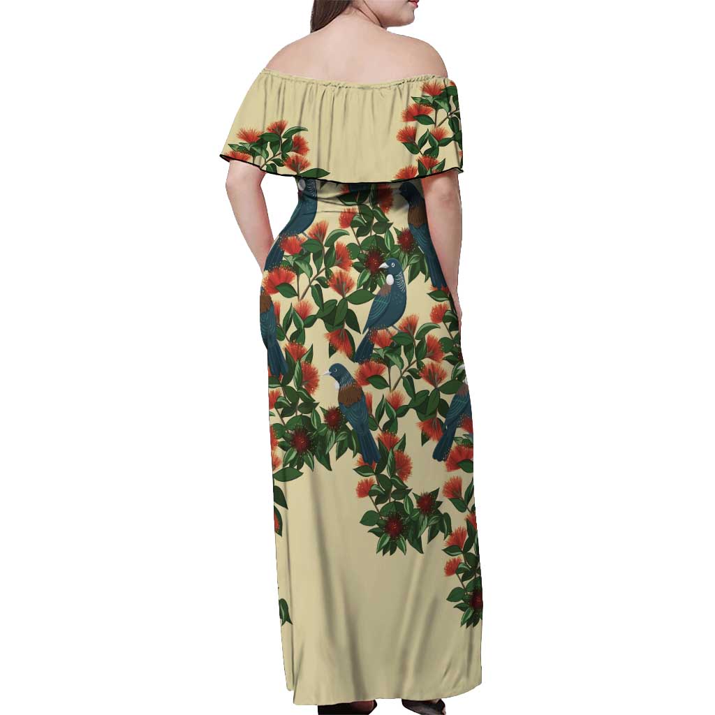 New Zealand Christmas Off Shoulder Maxi Dress Romantic Tui Birds on Pohutukawa - Ivory LT7 - Polynesian Pride
