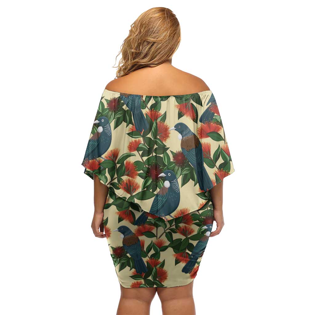 New Zealand Christmas Off Shoulder Short Dress Romantic Tui Birds on Pohutukawa - Ivory LT7 - Polynesian Pride