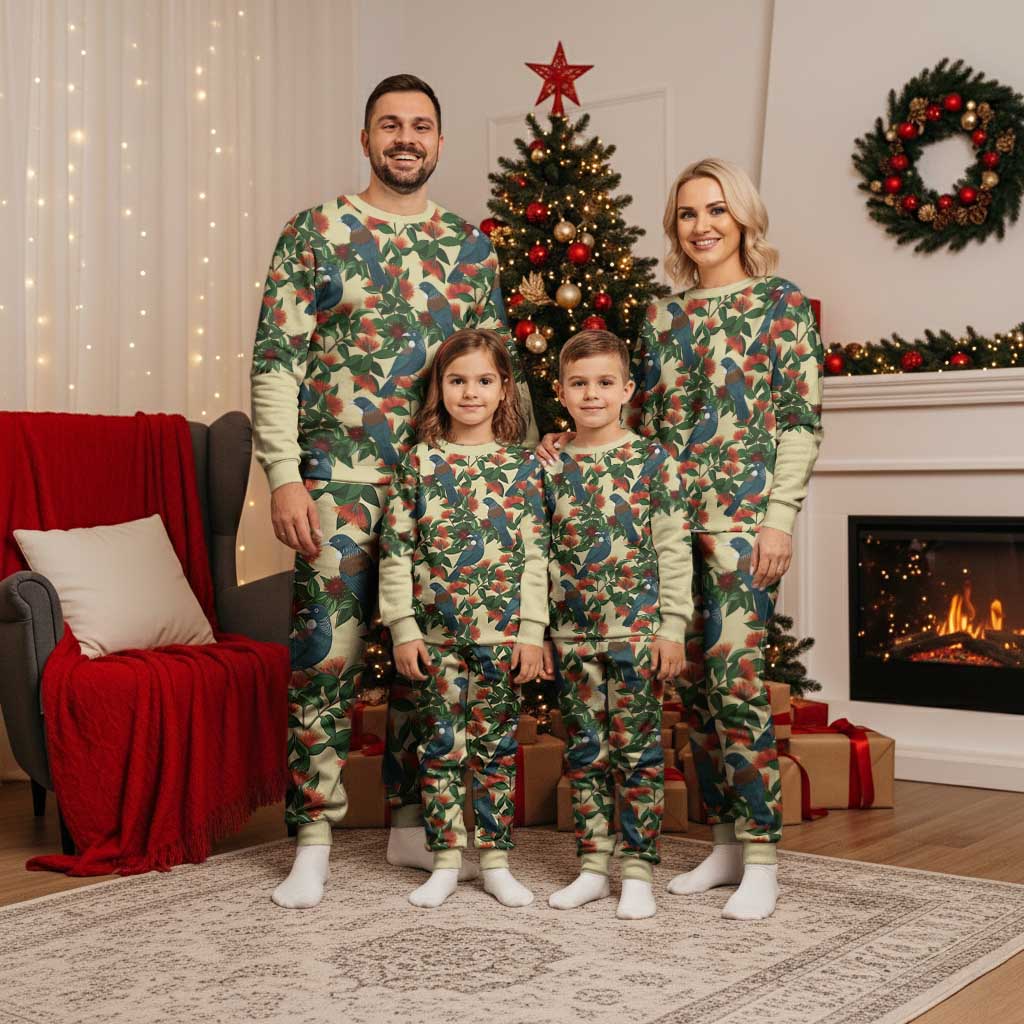 New Zealand Christmas Pajama Set Romantic Tui Birds on Pohutukawa - Ivory - Polynesian Pride