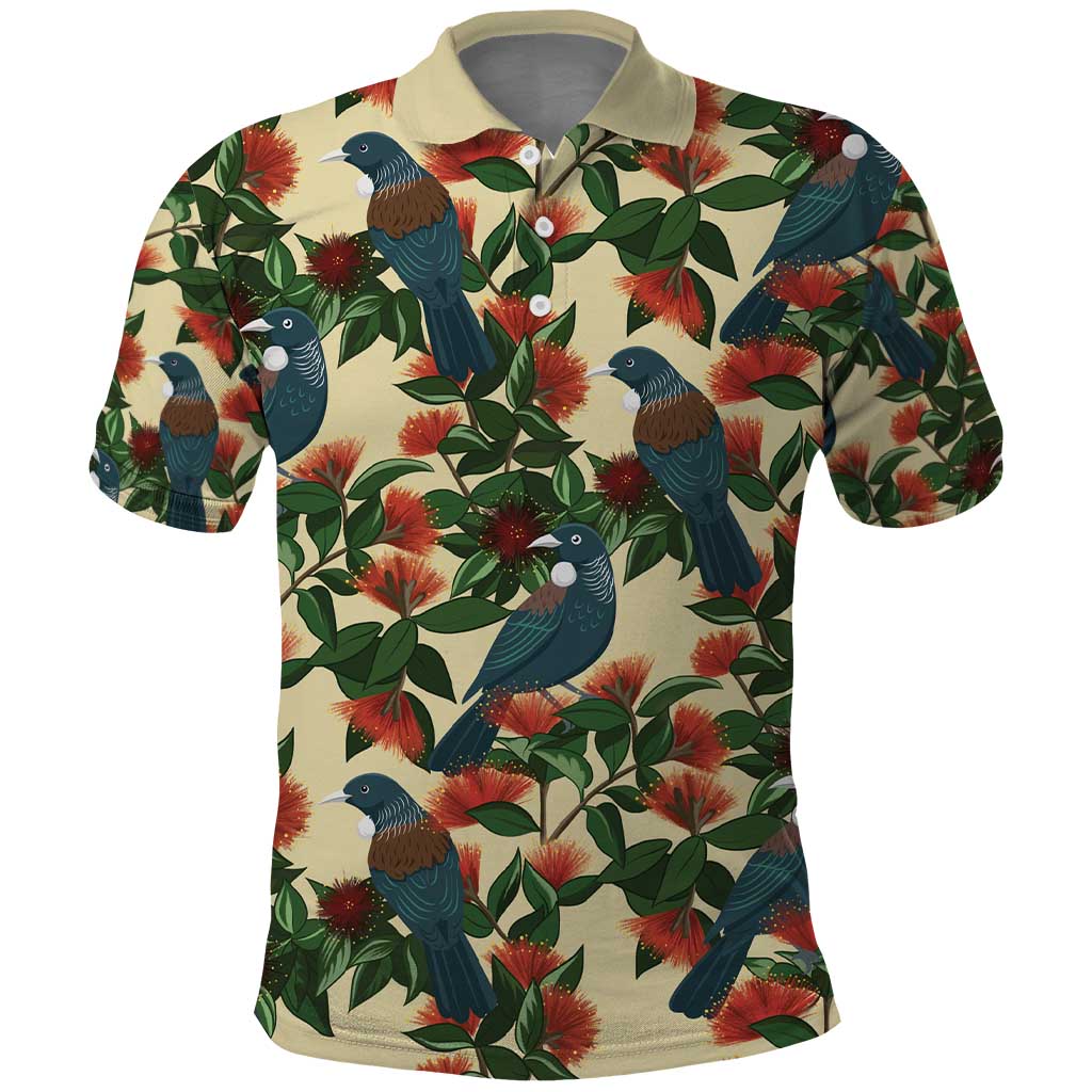 New Zealand Christmas Polo Shirt Romantic Tui Birds on Pohutukawa - Ivory LT7 Ivory - Polynesian Pride
