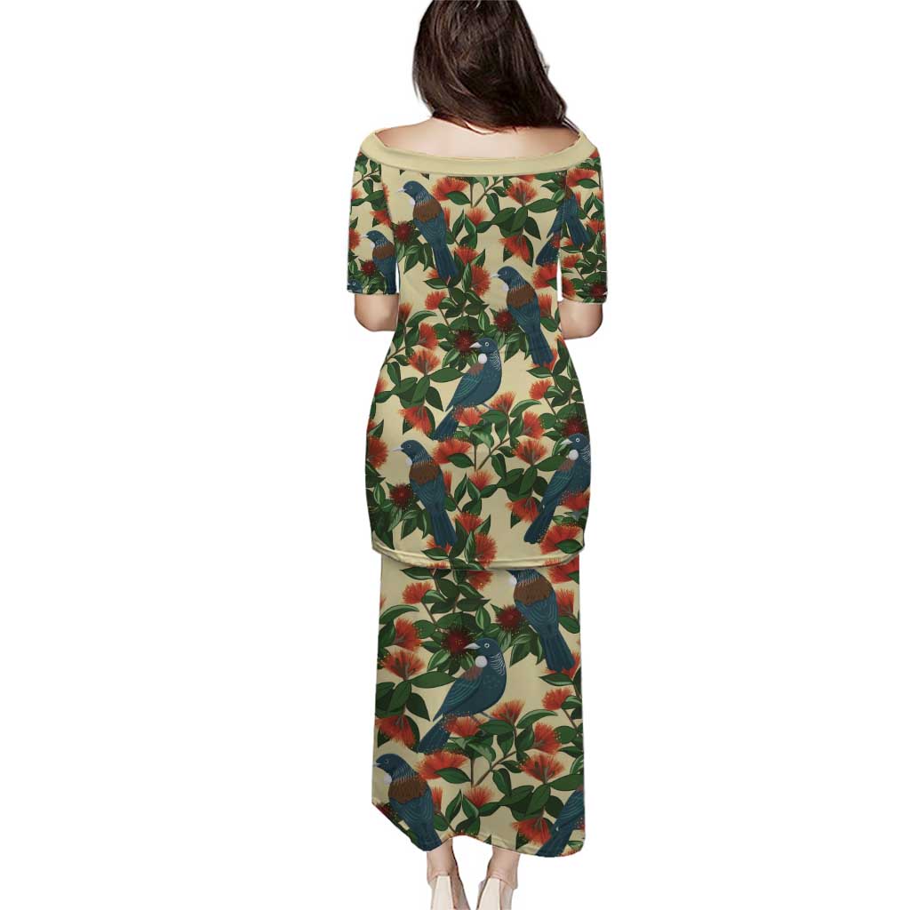 New Zealand Christmas Puletasi Romantic Tui Birds on Pohutukawa - Ivory - Polynesian Pride