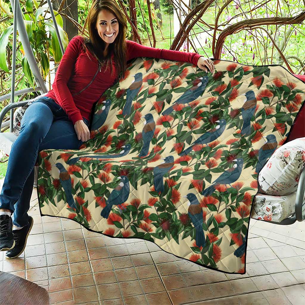 New Zealand Christmas Quilt Romantic Tui Birds on Pohutukawa - Ivory - Polynesian Pride