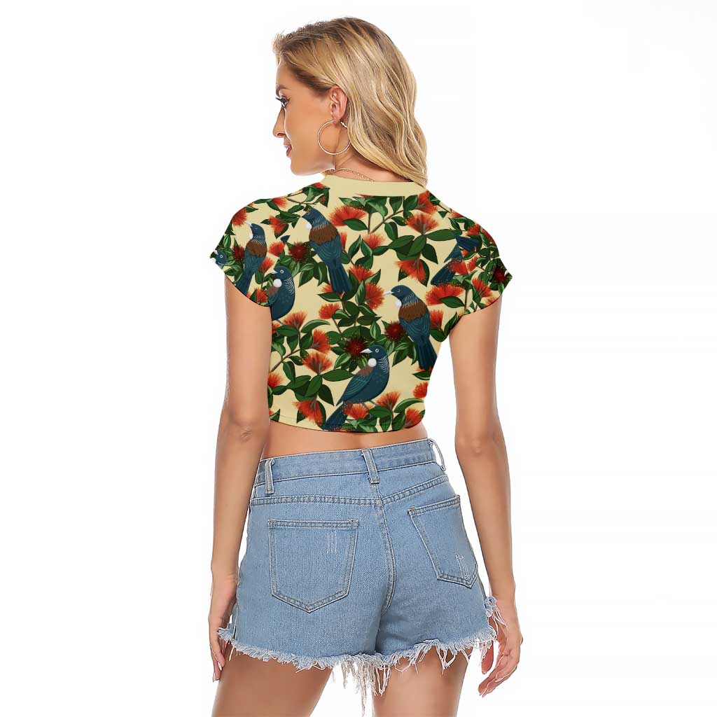 New Zealand Christmas Raglan Cropped T Shirt Romantic Tui Birds on Pohutukawa - Ivory LT7 - Polynesian Pride