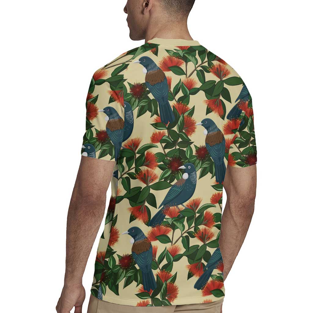 New Zealand Christmas Rugby Jersey Romantic Tui Birds on Pohutukawa - Ivory - Polynesian Pride