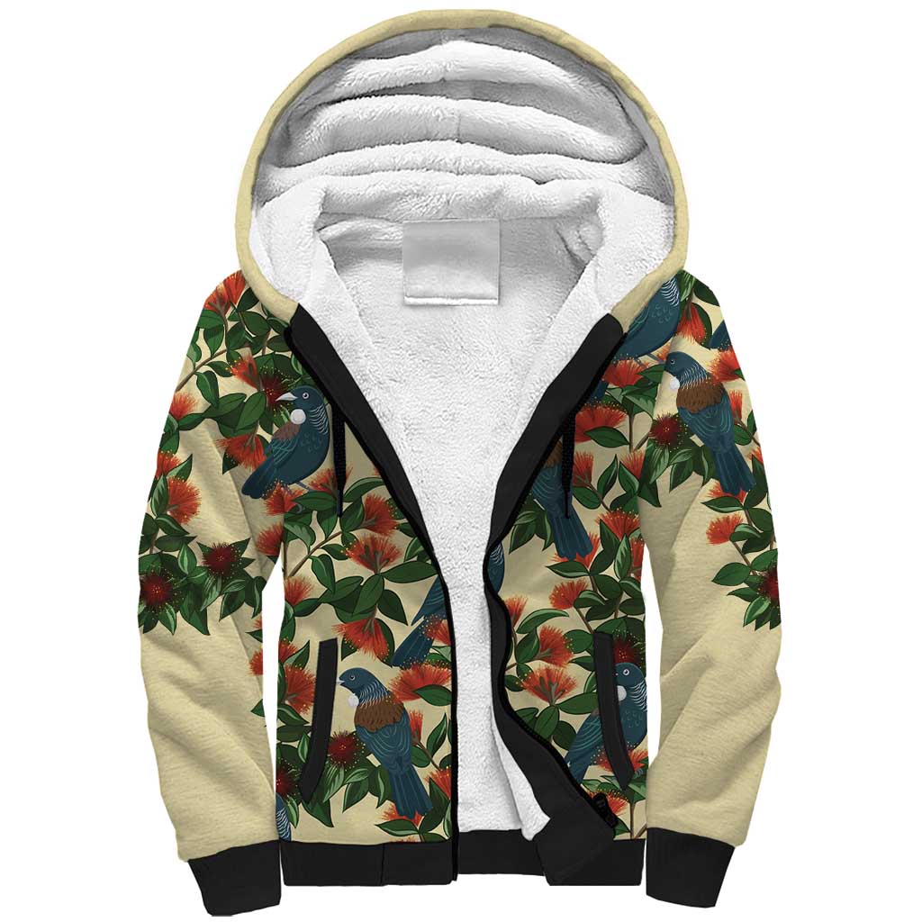 New Zealand Christmas Sherpa Hoodie Romantic Tui Birds on Pohutukawa - Ivory LT7 Unisex Ivory - Polynesian Pride