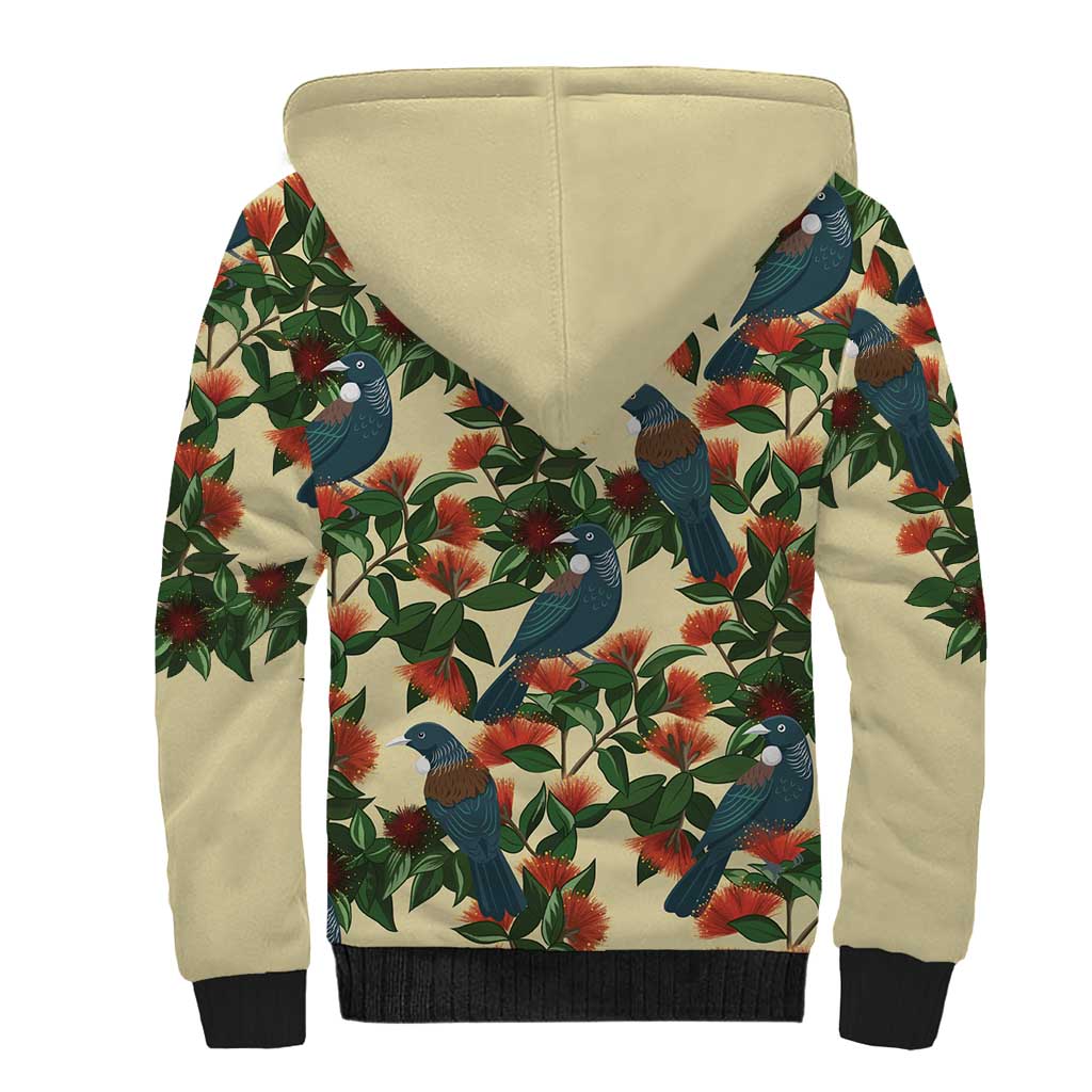 New Zealand Christmas Sherpa Hoodie Romantic Tui Birds on Pohutukawa - Ivory LT7 - Polynesian Pride