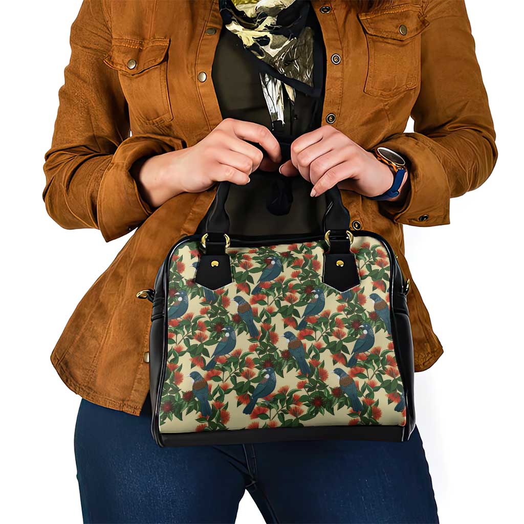 New Zealand Christmas Shoulder Handbag Romantic Tui Birds on Pohutukawa - Ivory - Polynesian Pride