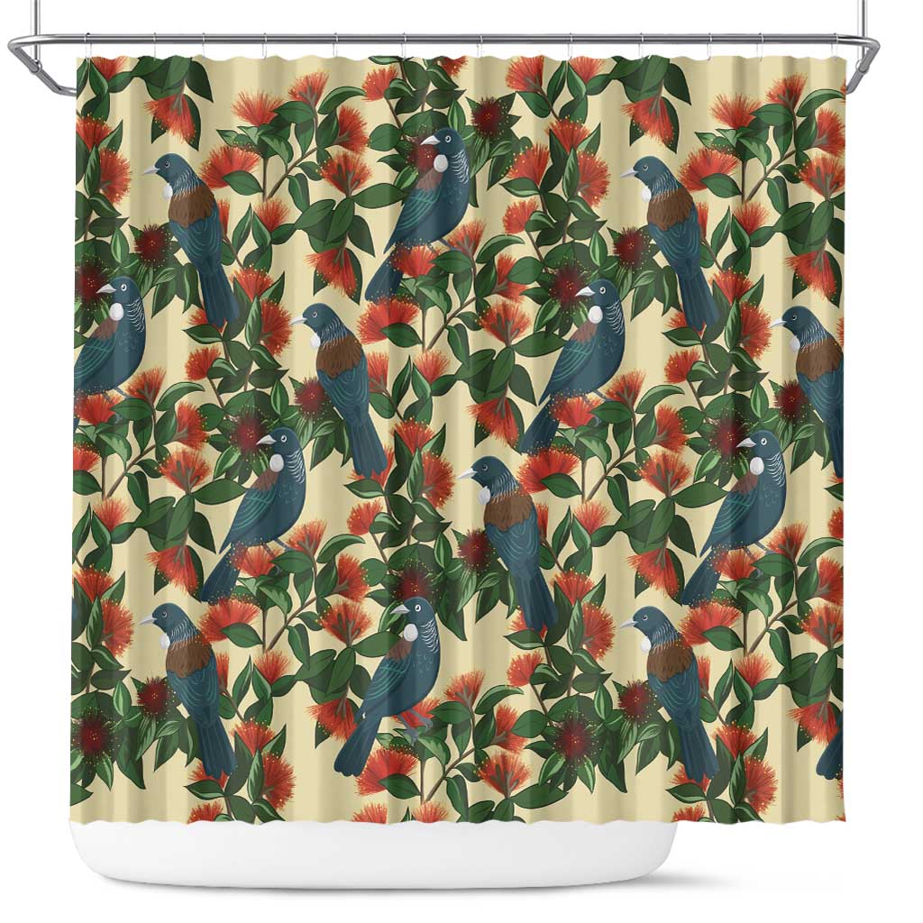 New Zealand Christmas Shower Curtain Romantic Tui Birds on Pohutukawa - Ivory LT7 Ivory - Polynesian Pride