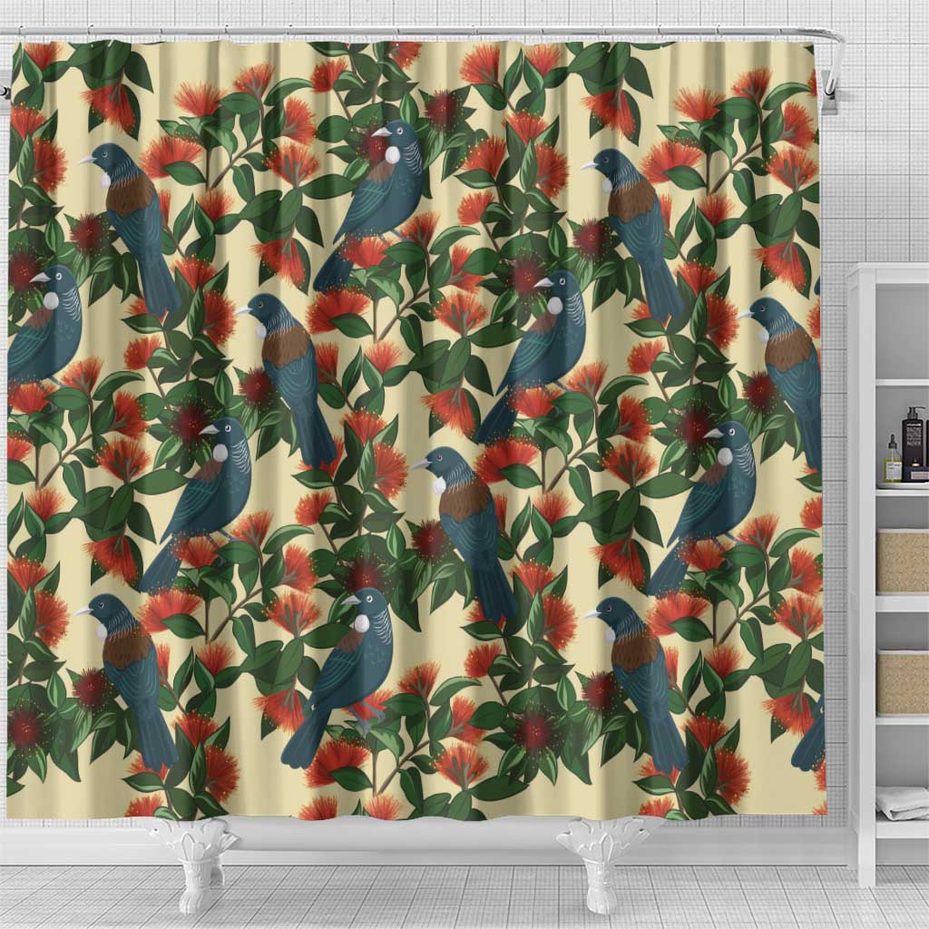 New Zealand Christmas Shower Curtain Romantic Tui Birds on Pohutukawa - Ivory LT7 - Polynesian Pride