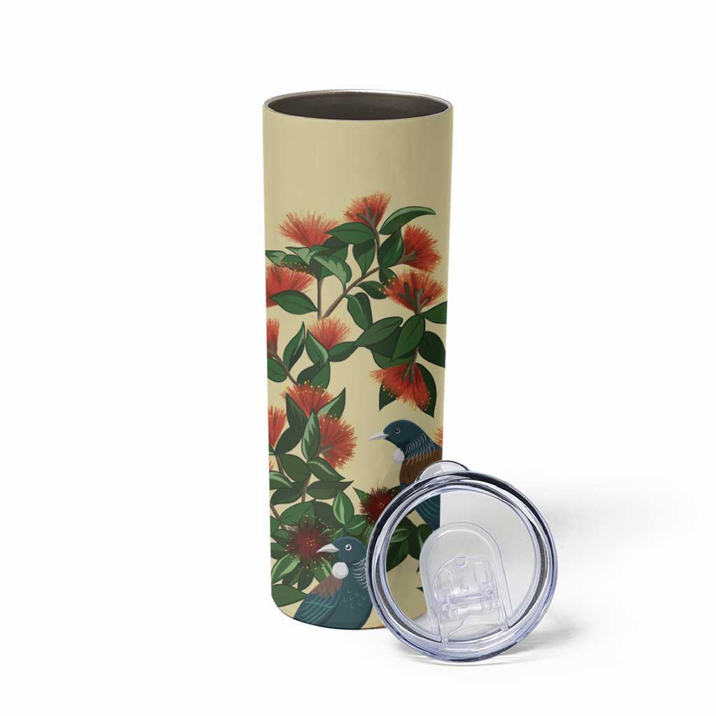 New Zealand Christmas Skinny Tumbler Romantic Tui Birds on Pohutukawa - Ivory LT7 - Polynesian Pride