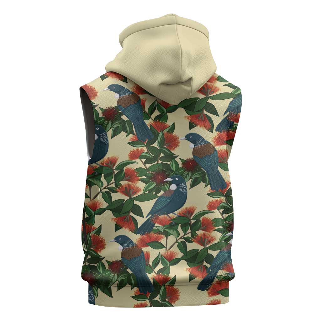 New Zealand Christmas Sleeveless Hoodie Romantic Tui Birds on Pohutukawa - Ivory LT7 - Polynesian Pride