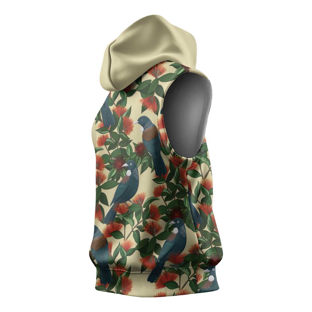 New Zealand Christmas Sleeveless Hoodie Romantic Tui Birds on Pohutukawa - Ivory LT7 - Polynesian Pride