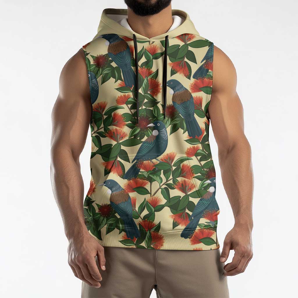 New Zealand Christmas Sleeveless Hoodie Romantic Tui Birds on Pohutukawa - Ivory LT7 - Polynesian Pride