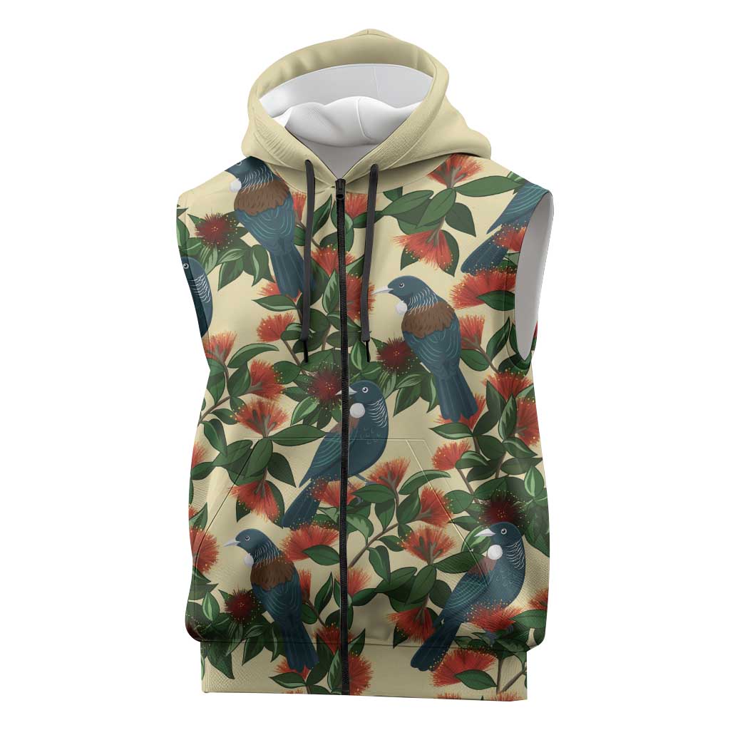 New Zealand Christmas Sleeveless Zip Hoodie Romantic Tui Birds on Pohutukawa - Ivory LT7 Ivory - Polynesian Pride