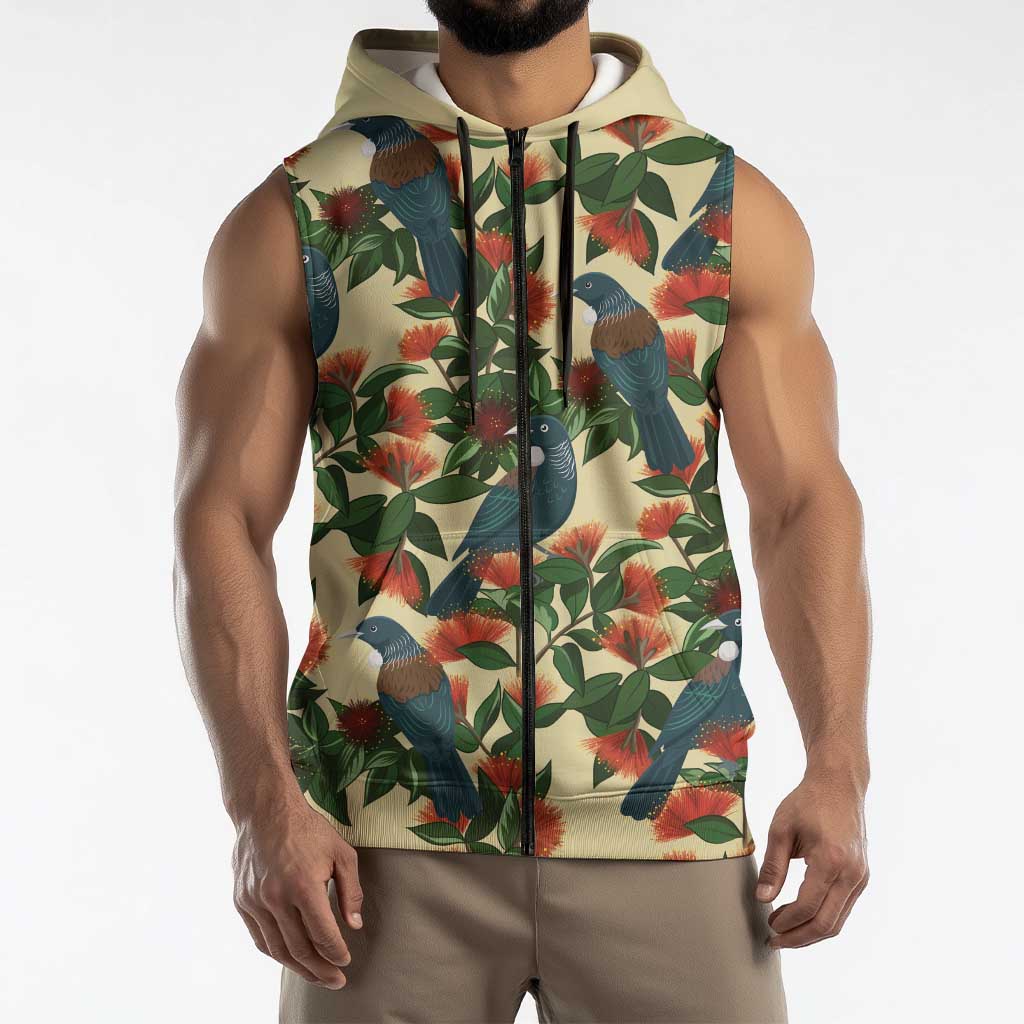 New Zealand Christmas Sleeveless Zip Hoodie Romantic Tui Birds on Pohutukawa - Ivory LT7 - Polynesian Pride