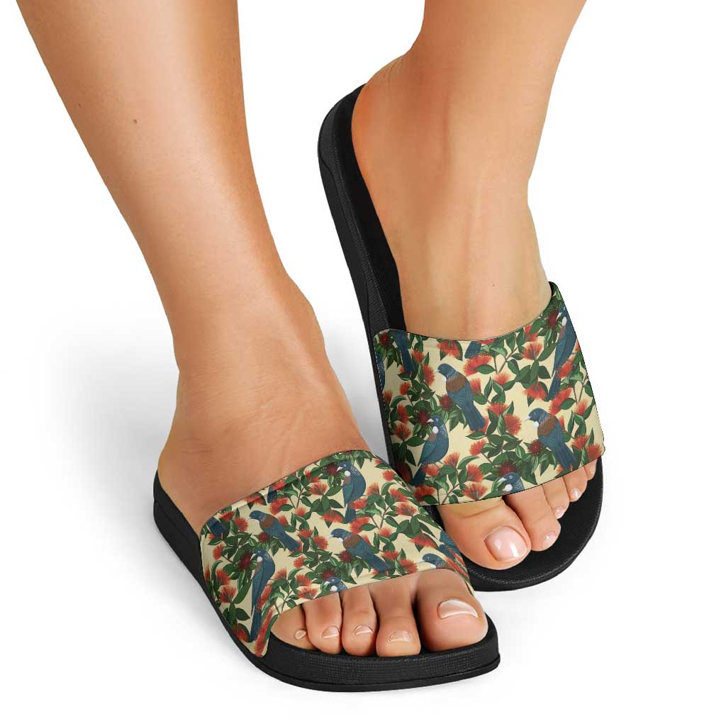 New Zealand Christmas Slide Sandals Romantic Tui Birds on Pohutukawa - Ivory - Polynesian Pride