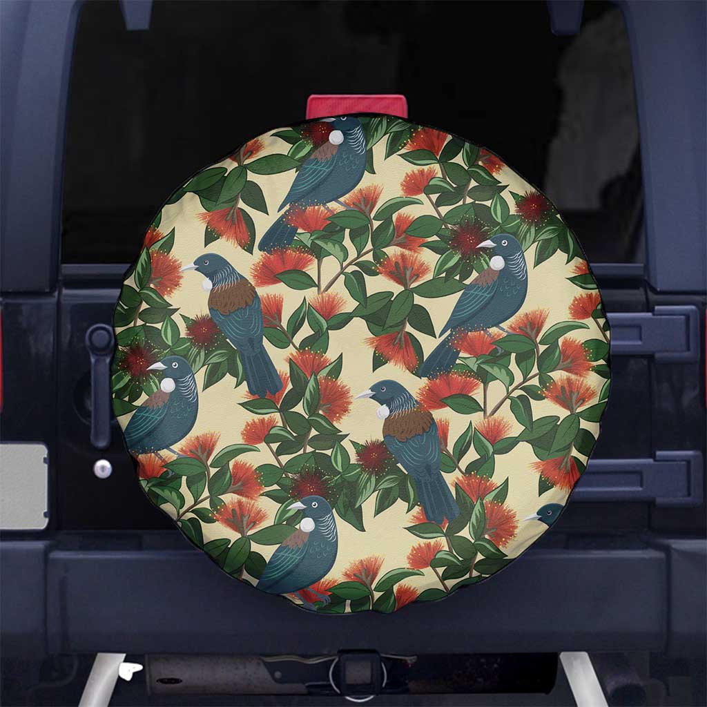 New Zealand Christmas Spare Tire Cover Romantic Tui Birds on Pohutukawa - Ivory LT7 No hole Ivory - Polynesian Pride