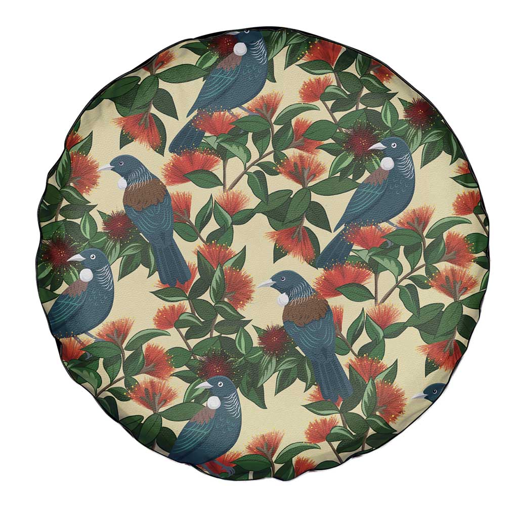 New Zealand Christmas Spare Tire Cover Romantic Tui Birds on Pohutukawa - Ivory LT7 - Polynesian Pride