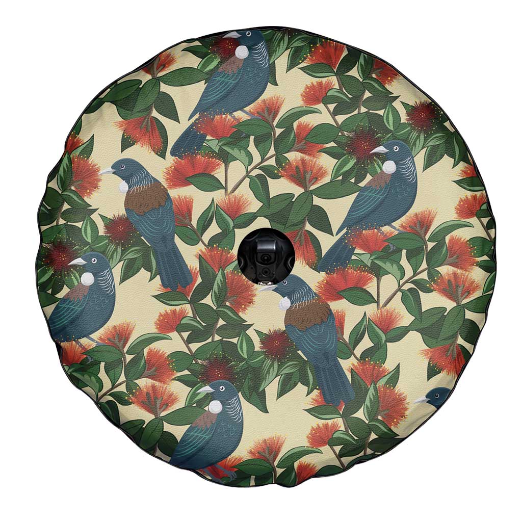 New Zealand Christmas Spare Tire Cover Romantic Tui Birds on Pohutukawa - Ivory LT7 - Polynesian Pride