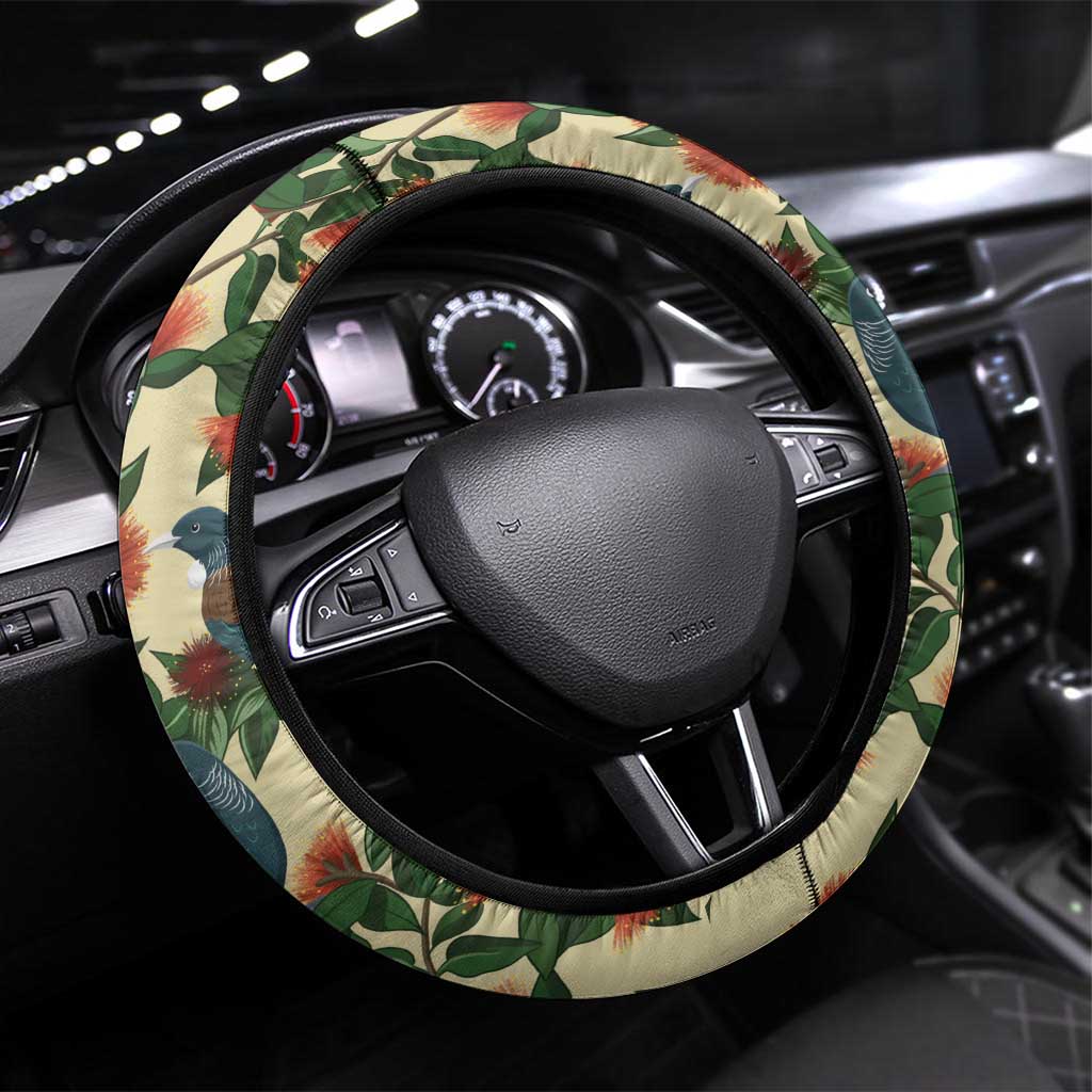 New Zealand Christmas Steering Wheel Cover Romantic Tui Birds on Pohutukawa - Ivory LT7 Universal Fit Ivory - Polynesian Pride