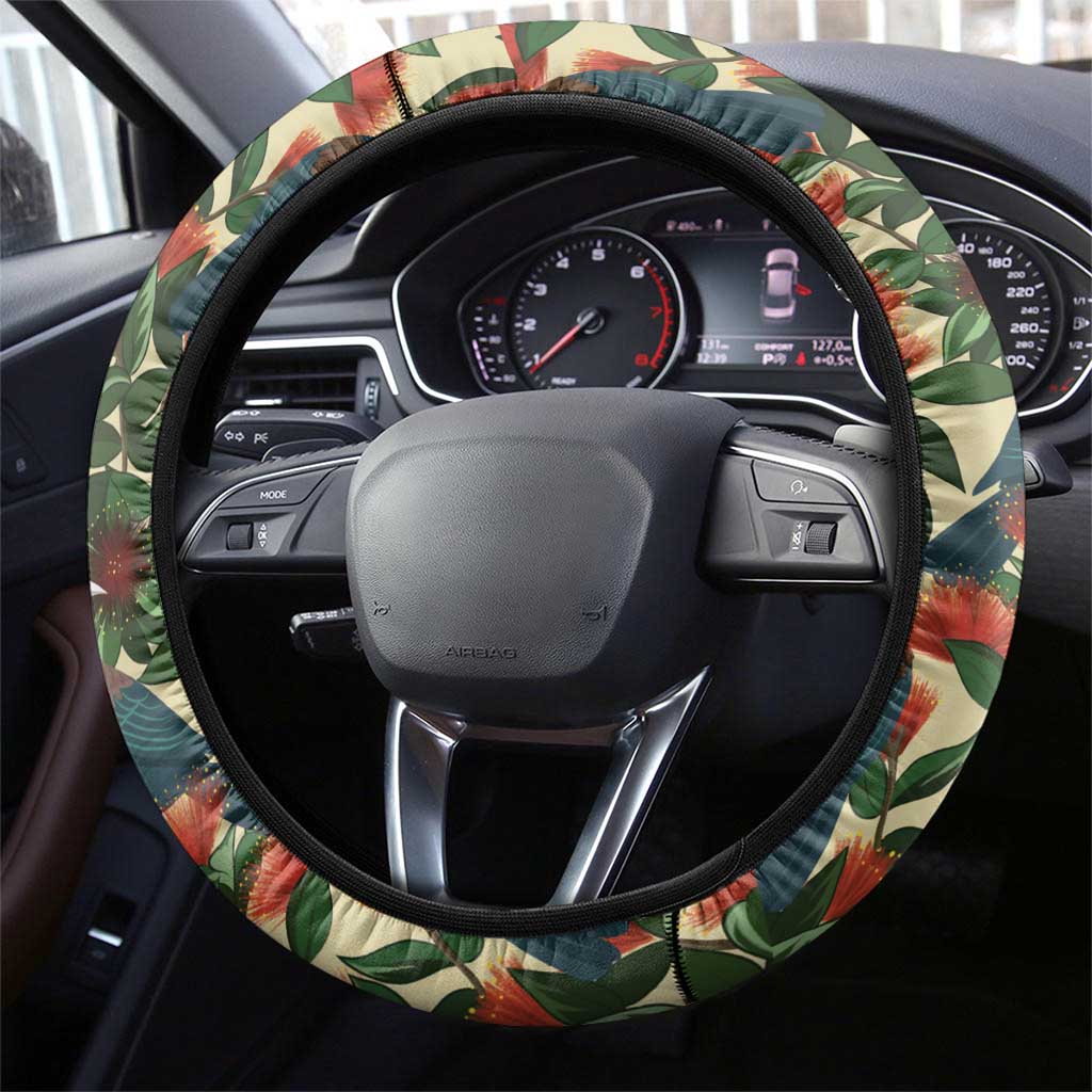 New Zealand Christmas Steering Wheel Cover Romantic Tui Birds on Pohutukawa - Ivory LT7 - Polynesian Pride