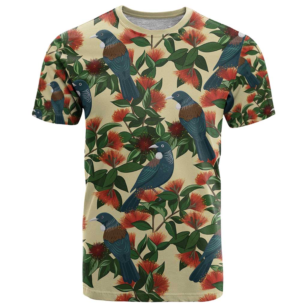 New Zealand Christmas T Shirt Romantic Tui Birds on Pohutukawa - Ivory LT7 Ivory - Polynesian Pride