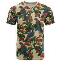 New Zealand Christmas T Shirt Romantic Tui Birds on Pohutukawa - Ivory LT7 Ivory - Polynesian Pride