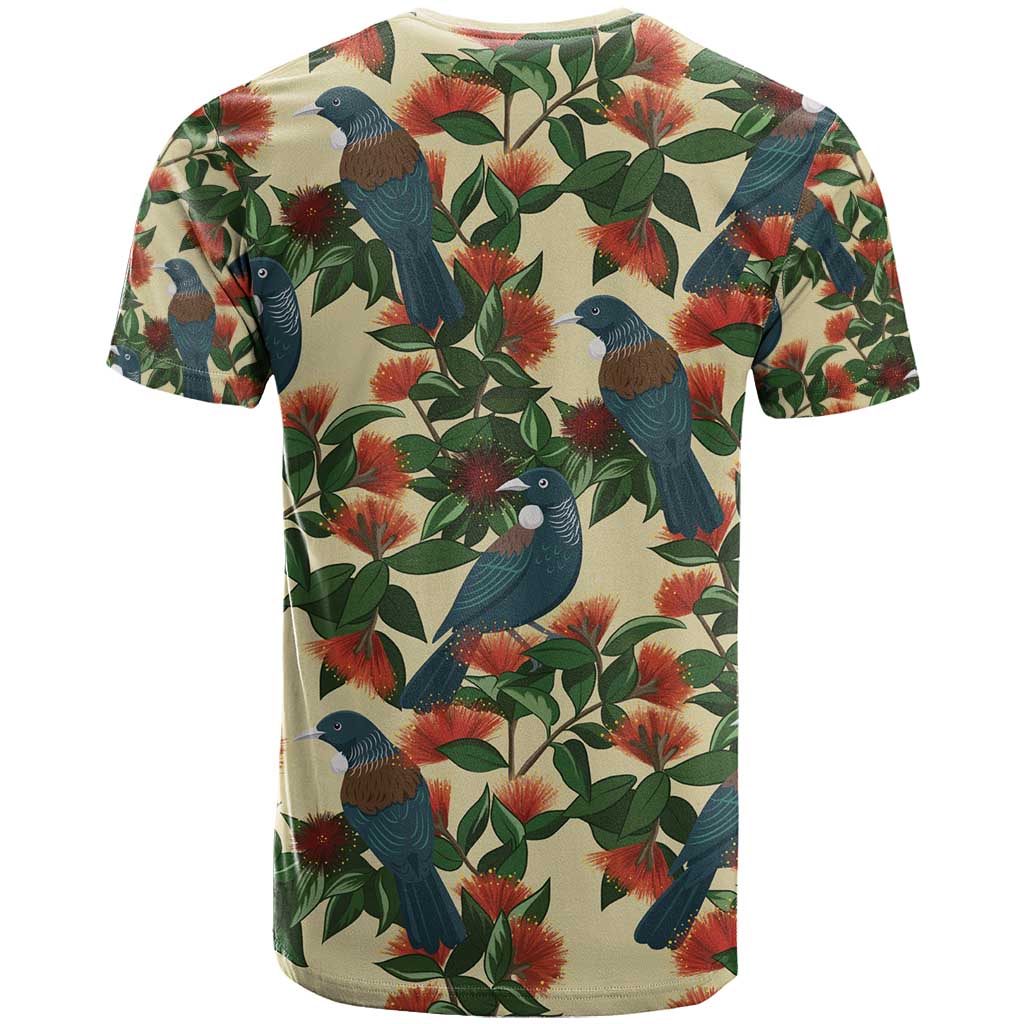 New Zealand Christmas T Shirt Romantic Tui Birds on Pohutukawa - Ivory LT7 - Polynesian Pride