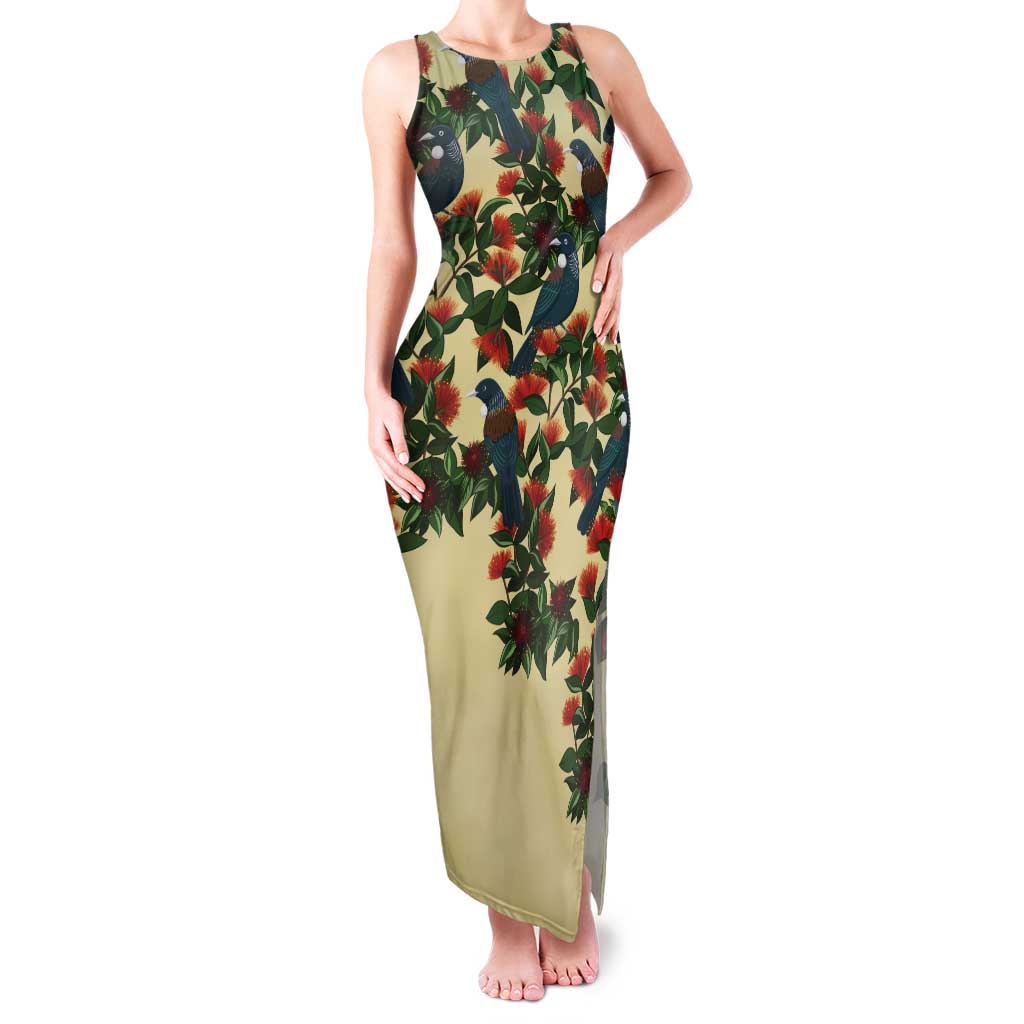 New Zealand Christmas Tank Maxi Dress Romantic Tui Birds on Pohutukawa - Ivory LT7 Women Ivory - Polynesian Pride