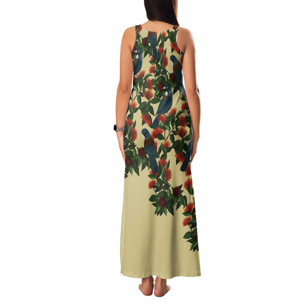 New Zealand Christmas Tank Maxi Dress Romantic Tui Birds on Pohutukawa - Ivory LT7 - Polynesian Pride