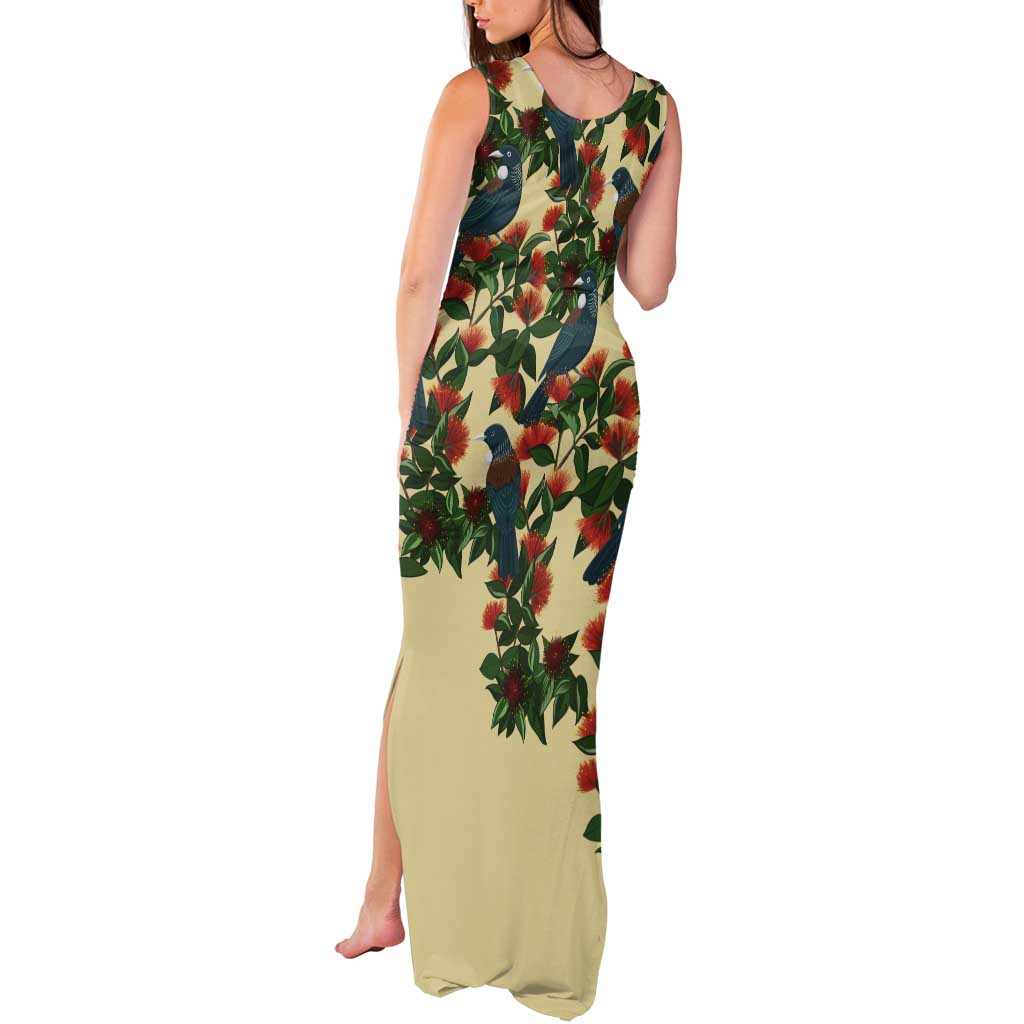 New Zealand Christmas Tank Maxi Dress Romantic Tui Birds on Pohutukawa - Ivory LT7 - Polynesian Pride