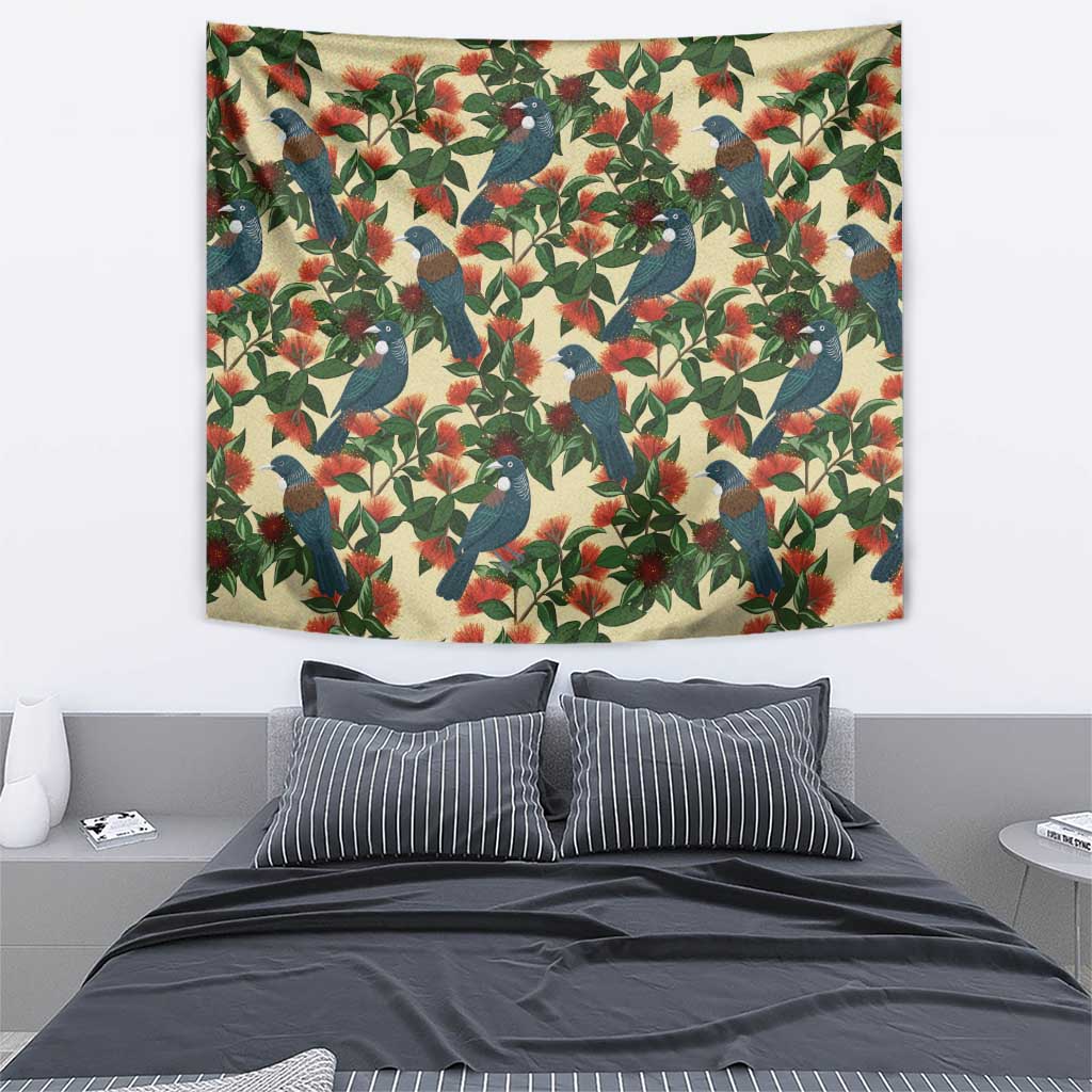 New Zealand Christmas Tapestry Romantic Tui Birds on Pohutukawa - Ivory - Polynesian Pride