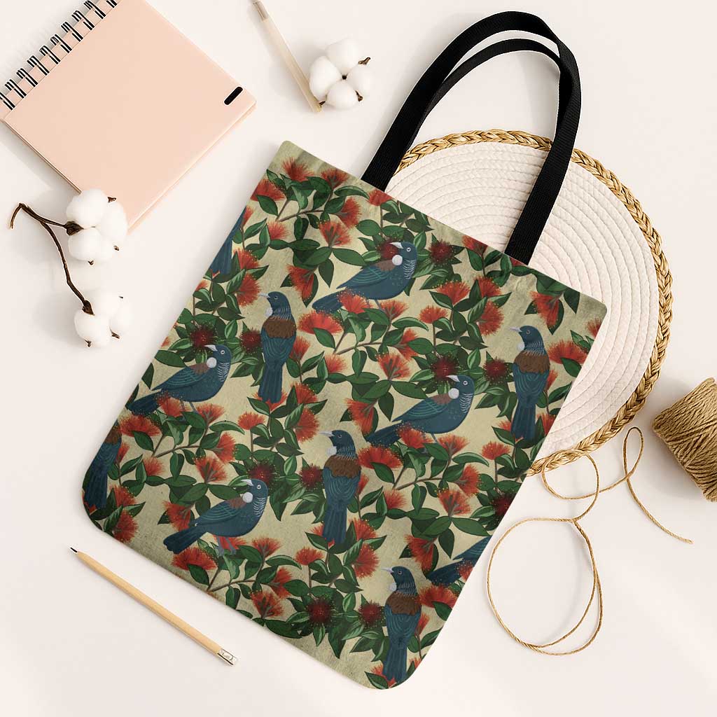 New Zealand Christmas Tote Bag Romantic Tui Birds on Pohutukawa - Ivory LT7 Black Strap One Size Ivory - Polynesian Pride