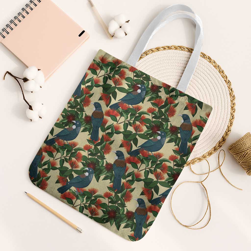 New Zealand Christmas Tote Bag Romantic Tui Birds on Pohutukawa - Ivory LT7 White Strap One Size Ivory - Polynesian Pride