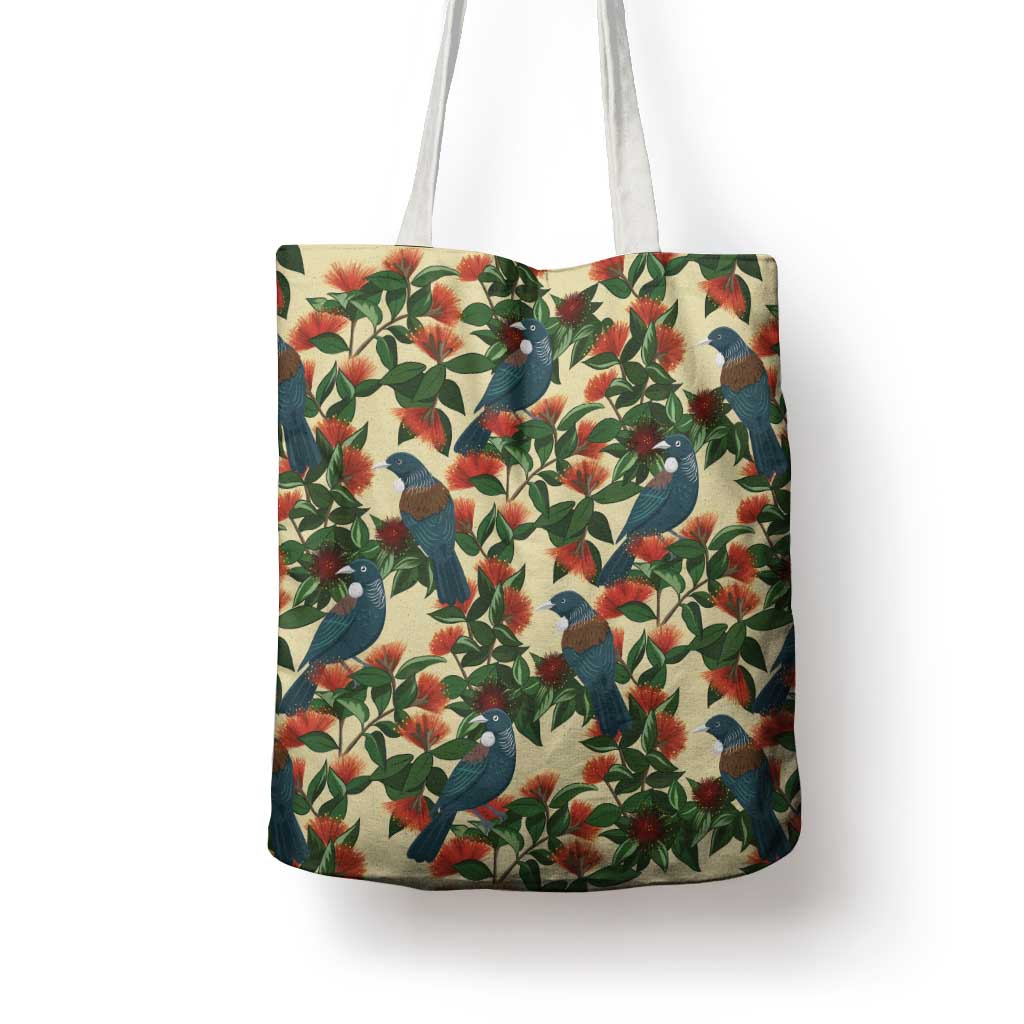 New Zealand Christmas Tote Bag Romantic Tui Birds on Pohutukawa - Ivory LT7 - Polynesian Pride