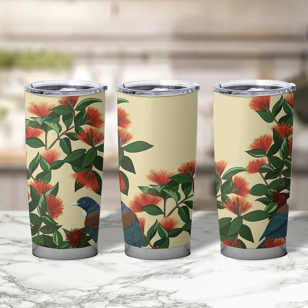 New Zealand Christmas Tumbler Cup Romantic Tui Birds on Pohutukawa - Ivory LT7 - Polynesian Pride