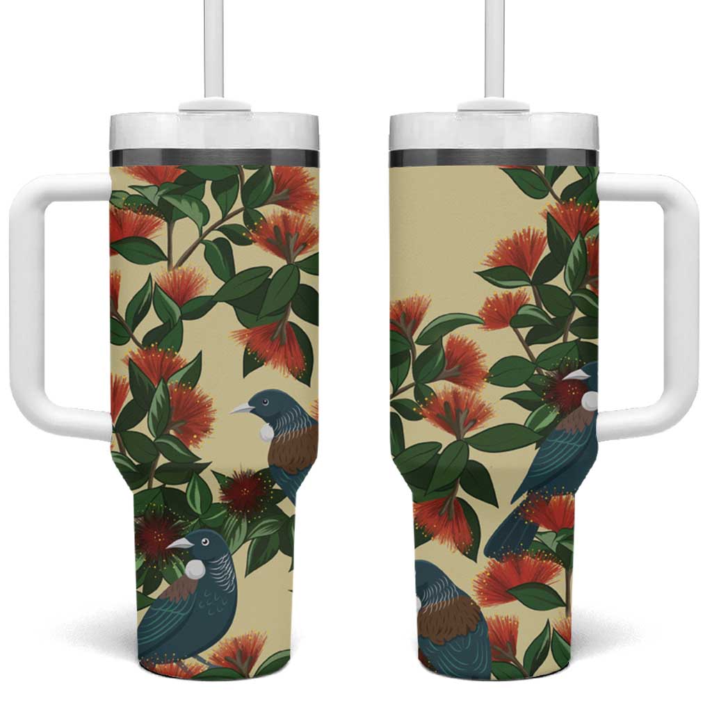 New Zealand Christmas Tumbler With Handle Romantic Tui Birds on Pohutukawa - Ivory LT7 One Size: 40 oz Ivory - Polynesian Pride