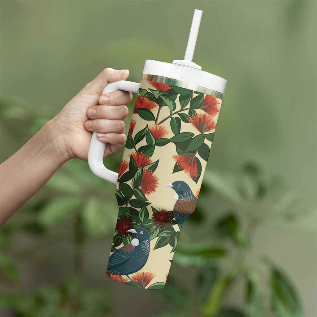 New Zealand Christmas Tumbler With Handle Romantic Tui Birds on Pohutukawa - Ivory LT7 - Polynesian Pride