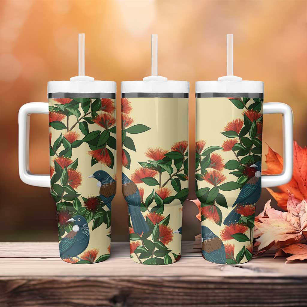 New Zealand Christmas Tumbler With Handle Romantic Tui Birds on Pohutukawa - Ivory LT7 - Polynesian Pride