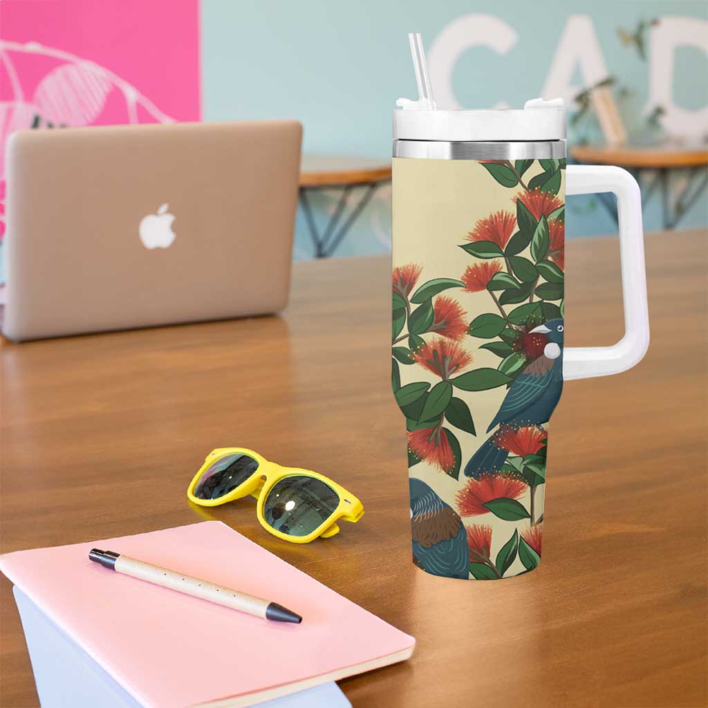 New Zealand Christmas Tumbler With Handle Romantic Tui Birds on Pohutukawa - Ivory LT7 - Polynesian Pride