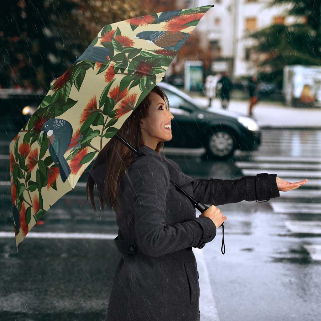 New Zealand Christmas Umbrella Romantic Tui Birds on Pohutukawa - Ivory - Polynesian Pride