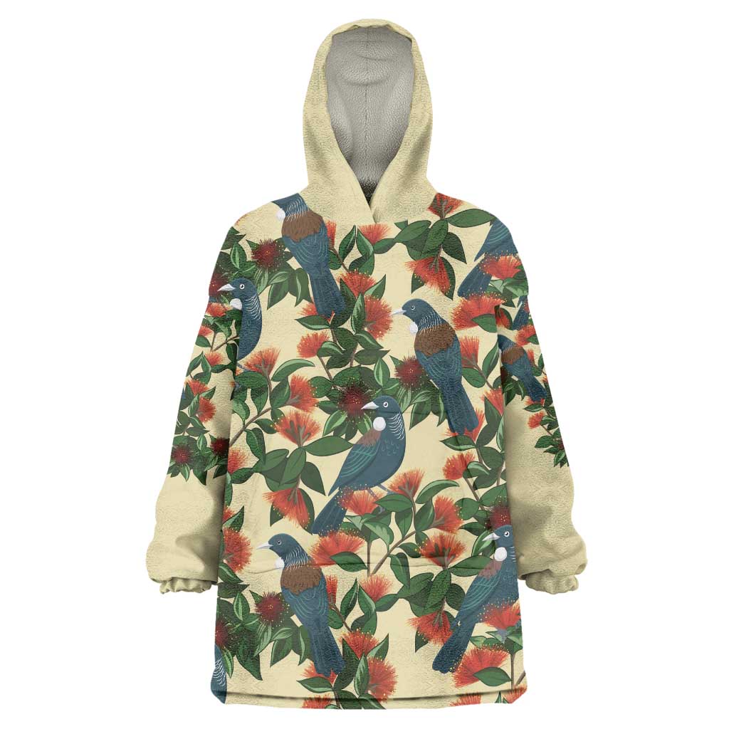 New Zealand Christmas Wearable Blanket Hoodie Romantic Tui Birds on Pohutukawa - Ivory LT7 One Size Ivory - Polynesian Pride