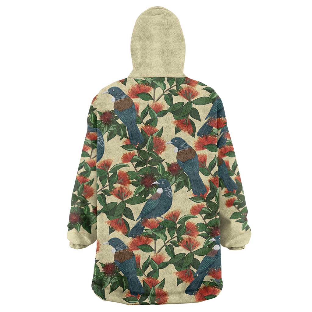 New Zealand Christmas Wearable Blanket Hoodie Romantic Tui Birds on Pohutukawa - Ivory LT7 - Polynesian Pride