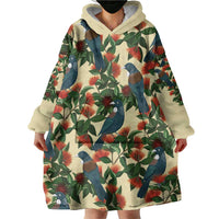 New Zealand Christmas Wearable Blanket Hoodie Romantic Tui Birds on Pohutukawa - Ivory LT7 - Polynesian Pride