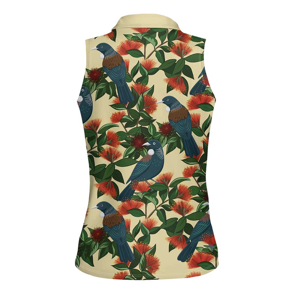 New Zealand Christmas Women Sleeveless Polo Shirt Romantic Tui Birds on Pohutukawa - Ivory LT7 - Polynesian Pride